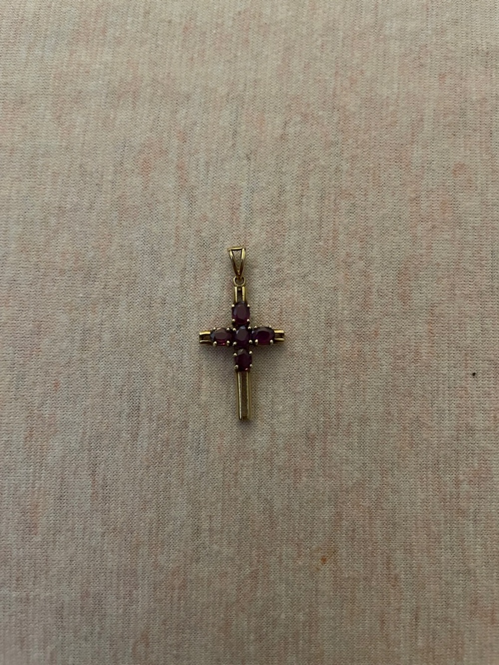 Gold Cross Pendant with Deep Red Gemstones